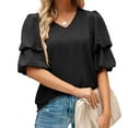 thumbnail image 4 of QLEICOM Women's Summer Casual Bubble Sleeve Polka Dot V-Neck Tunic Tops Ruffle Short Sleeve Flowy Blouse T-shirt Tops Black XXL, US Size:12, 4 of 6