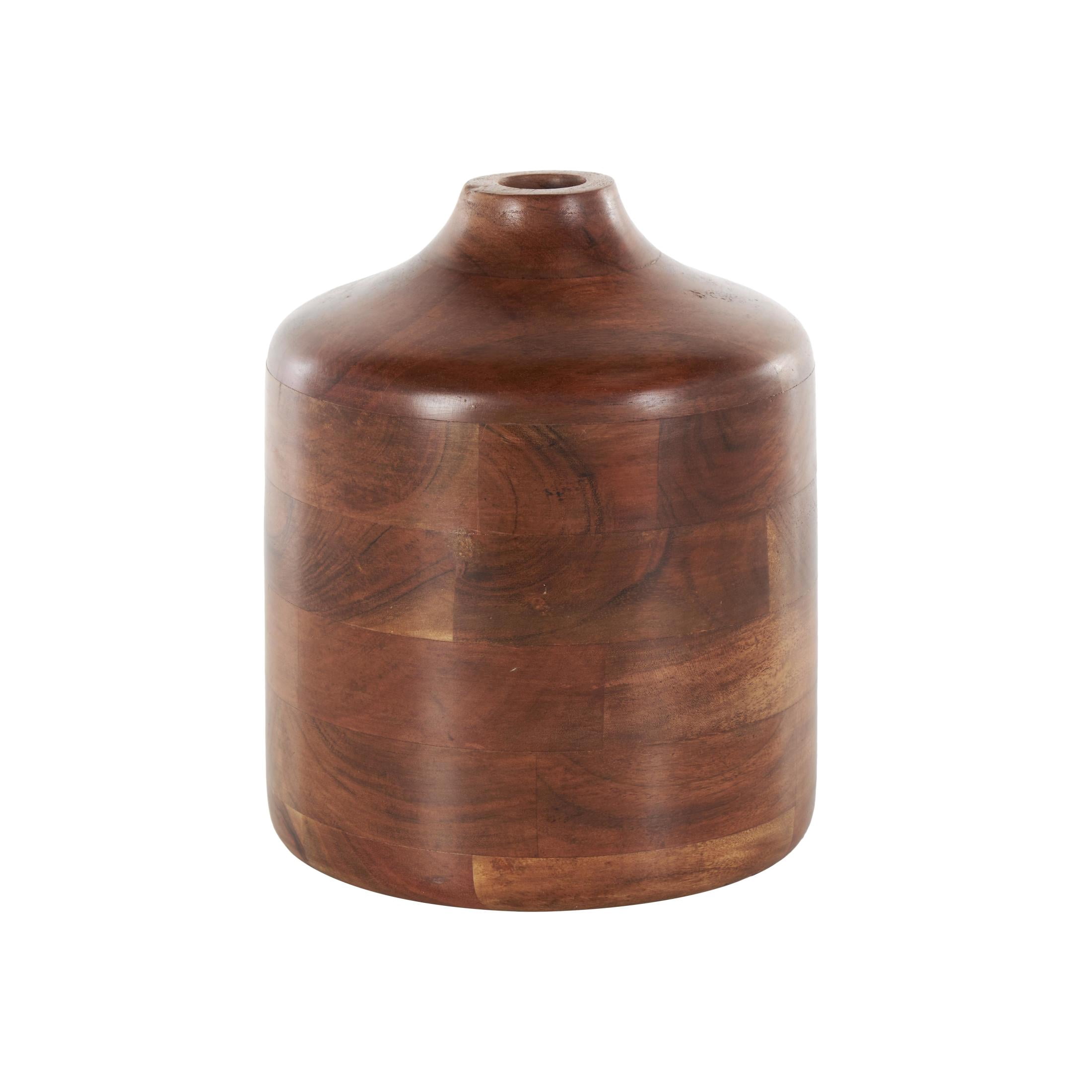 DecMode 9" Brown Wood Vase with Mosaic Strips and Natural Wood Grains