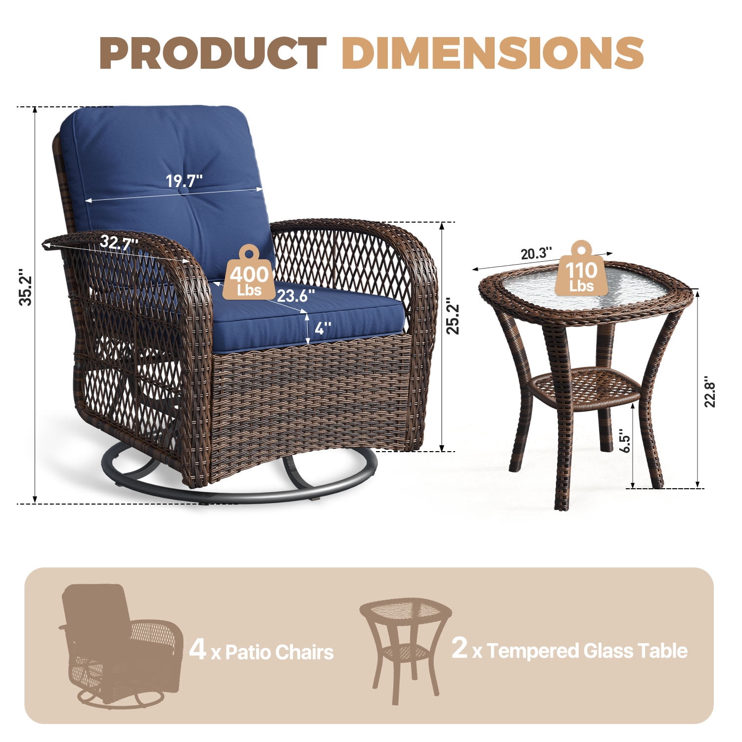 BaPiPro Navy Blue 6-Piece Outdoor Swivel Rocker Wicker Conversation Set – Weatherproof Rattan Patio Furniture with 4 Armchairs, Cushions & Tempered Glass Side Tables for Deck, Backyard, Porch