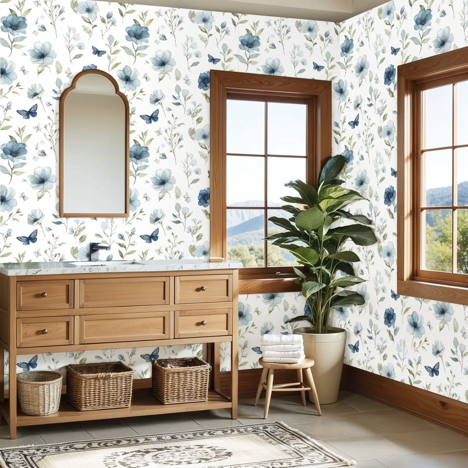 Peel and Stick Wallpaper Soft Blue Floral Butterflies Leaves Botanical Summer Wall Mural 23.6in x 9.8ft Self Adhesive Removable Wall Paper Renter Friendly Wallpaper for Nursery Bedroom Cabinets