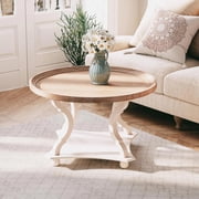 COZAYH Rustic Round Wood Coffee Table with Storage and Tray, White