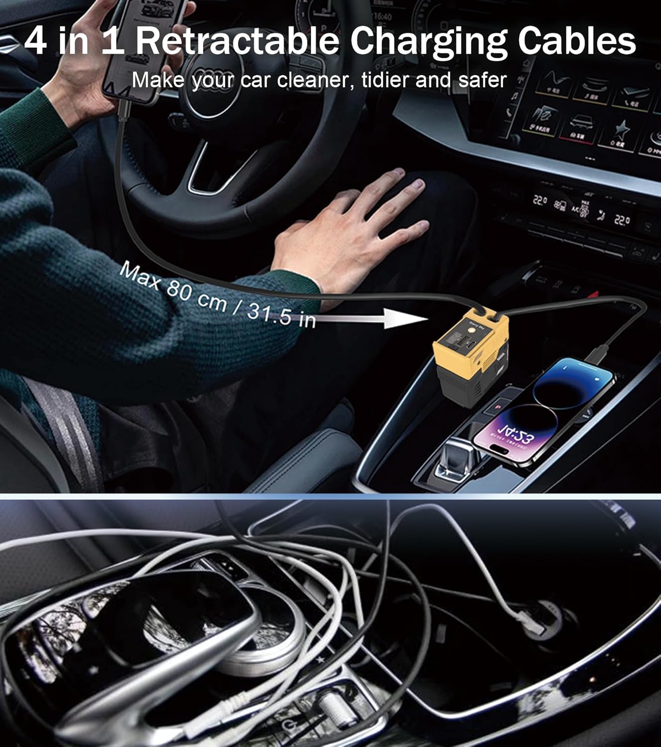 Retractable Car Charger with Starry Light, 4 in 1 Retractable Phone Charger with 66W Fast Charging, 2 Retractable Cables & 2 USB-C USB-A Port Compatible for iPhone 16/15/14/13/12/11,Samsung, Yellow