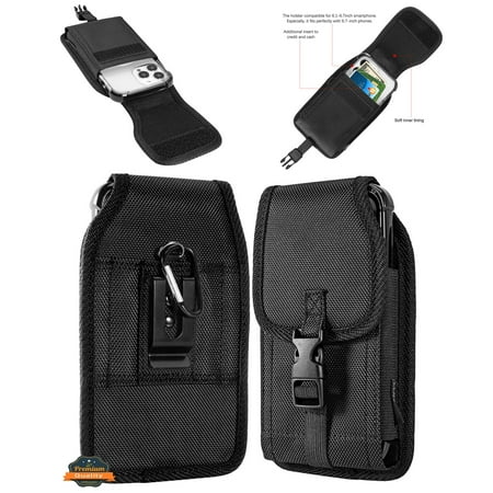 For Samsung Galaxy Z Flip 3 5G Universal Pouch Case Vertical Phone Holster Nylon Cover with Front Buckle, Belt Clip Loop & Hook Carabiner - Black