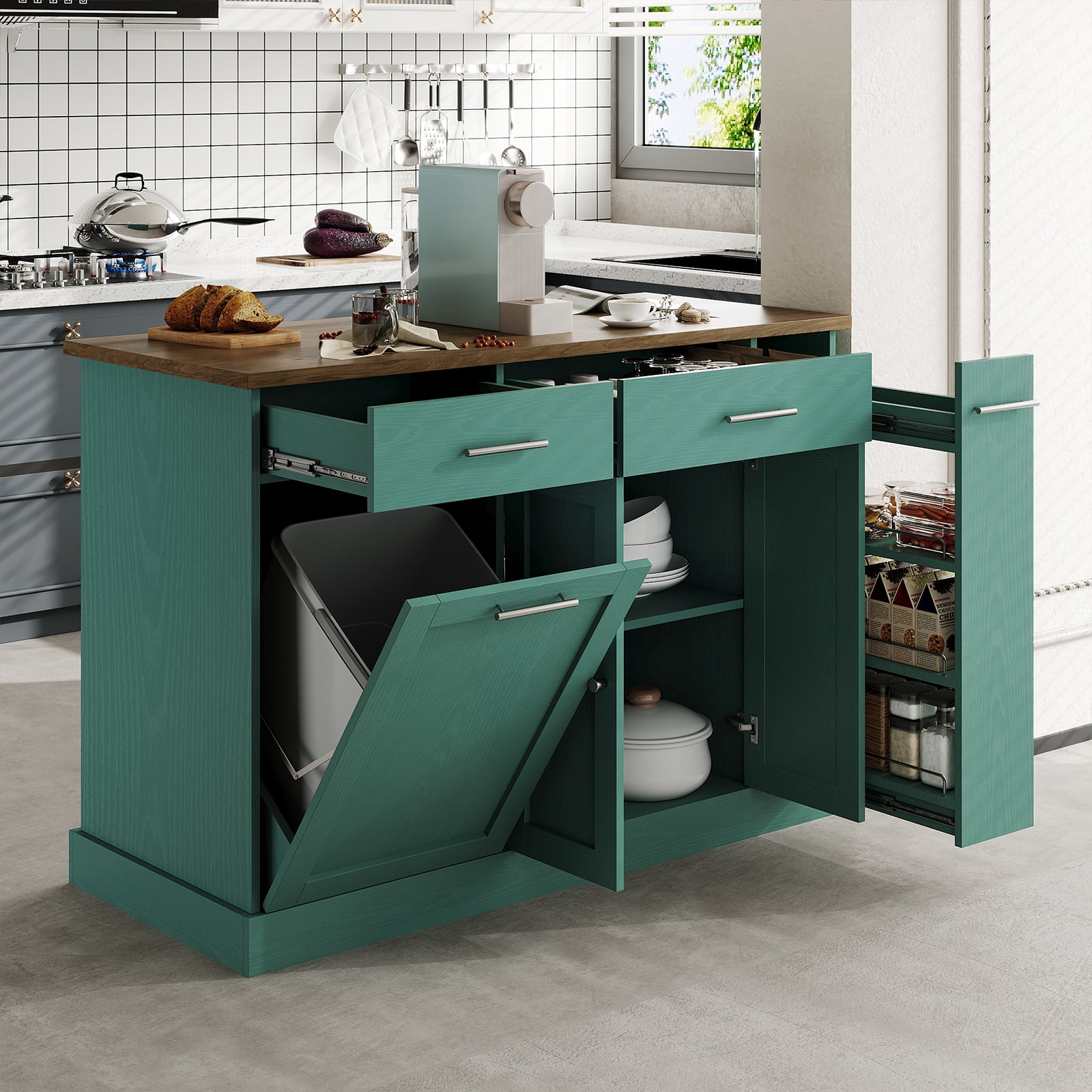 4 EVER WINNER 53" Rolling Kitchen Island on Wheels, Mobile Kitchen Cart with Trash Can Storage, 3-Tier Spice Rack & Adjustable Shelves, Kitchen Island Table for Versatile Kitchen Storage, Deep Green