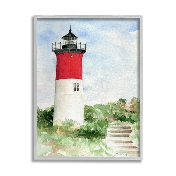 Stupell Industries Stairs Leading to Nauset Lighthouse Green Cliffside Grey Framed, 11 x 14, Design by Melissa Hyatt LLC