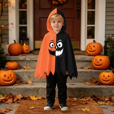 Halloween Costumes for Boys Silly Expression Print Hooded Cape Cloak Pants Halloween Cosplay 2 Piece Sets Size 18-24M