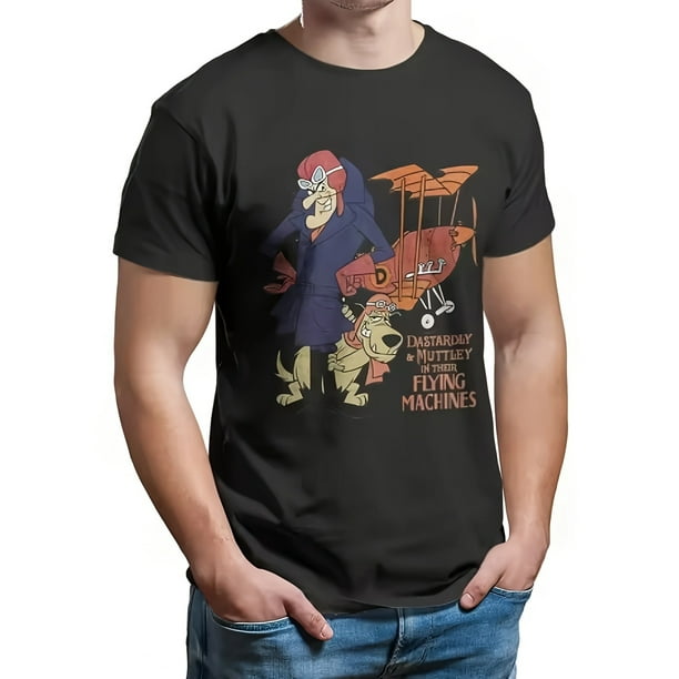 Men'S Retro Funny Print T-Shirt - "Dastardly & Muttley Flying Machines" Vintage Fashion Tee, Black Crew Neck, Slight Stretch, Geometric Pattern, All-Season Streetwear, Casual Tshirt, Summer Gifts