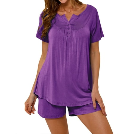 

Women Solid Color V Neck Short Sleeve Button Sleepwear Set