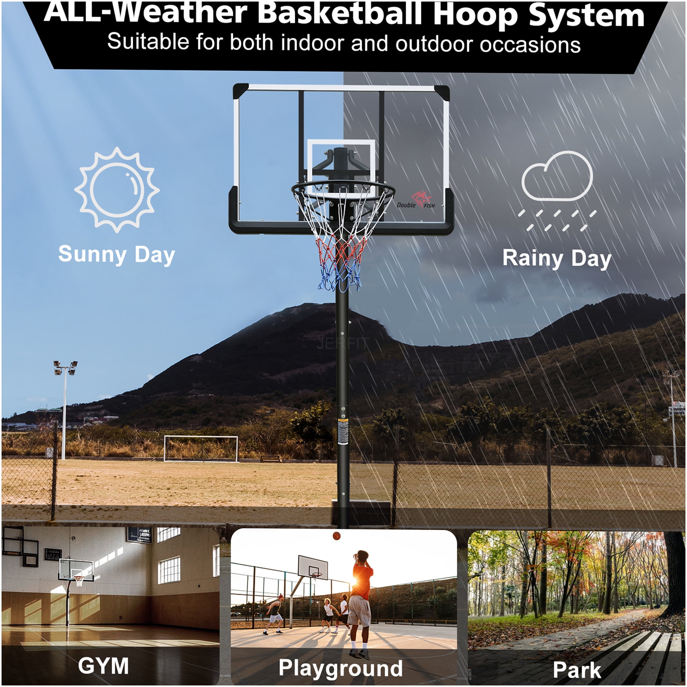 JERFIT 44" Portable Basketball Hoop System with Wheels, Height Adjustable 7.5-10ft Goal Post for Outdoor Indoor Use, Includes Sand/Water Base