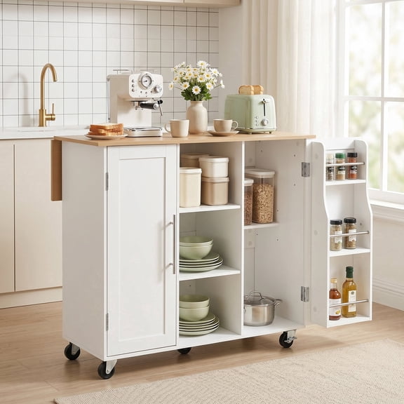 edx Kitchen Islands Carts with Storage Cabinets, Drop Leaf Countertop on Wheels Rolling, White