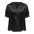 thumbnail image 4 of Blusa de satén con cuello en V y botones para mujer - Dobladillo con volantes estilo francés - Informal/trabajo/noche - Manga corta, 4 of 5