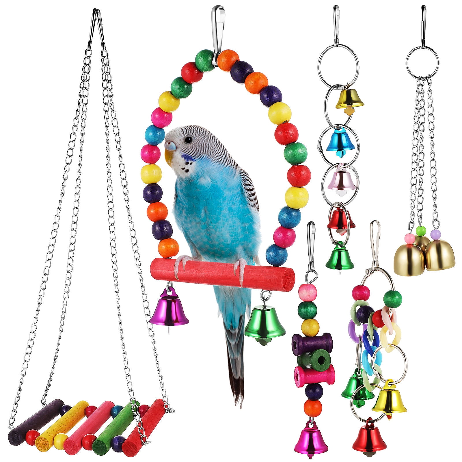 Luxshiny Birdcage Swing and Wind Chime Set for Birds, Assorted Colors with Interactive Features, Metal and Wood Design, 1 Set