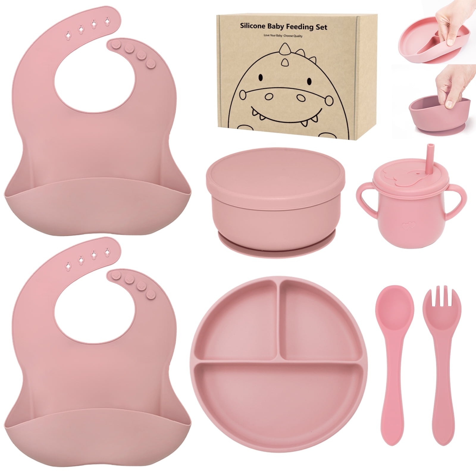 Benoxine Silicone Suction Plates Baby Bibs Feeding Set, 7Pcs, BPA Free, Food-Grade Silicone, Pink, 6M+, Dishwasher Safe