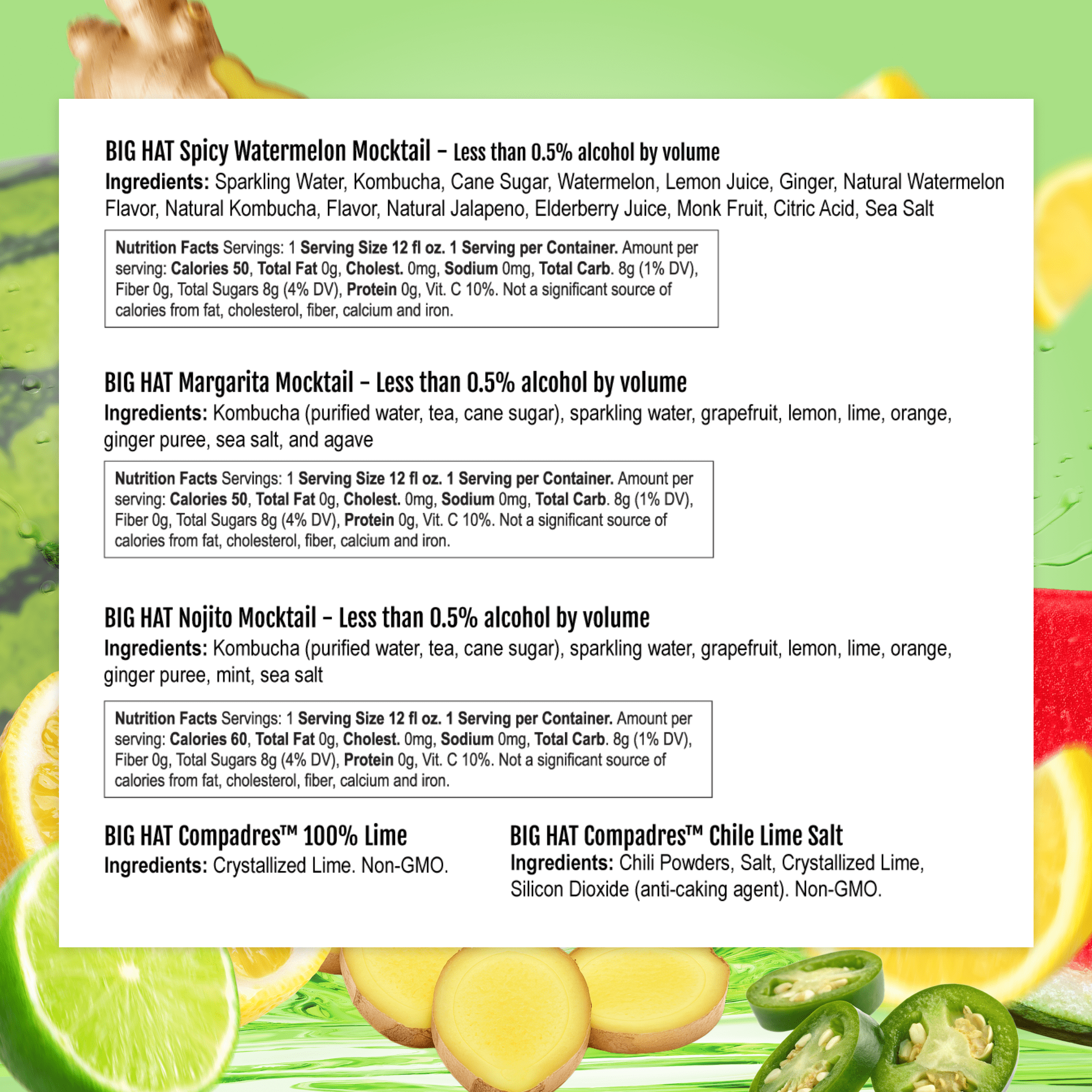 BIG HAT Mocktail Non-Alcoholic Variety Pack with Margarita, Nojito, and Spicy Watermelon, 6 Pack, 12 fl oz Cans