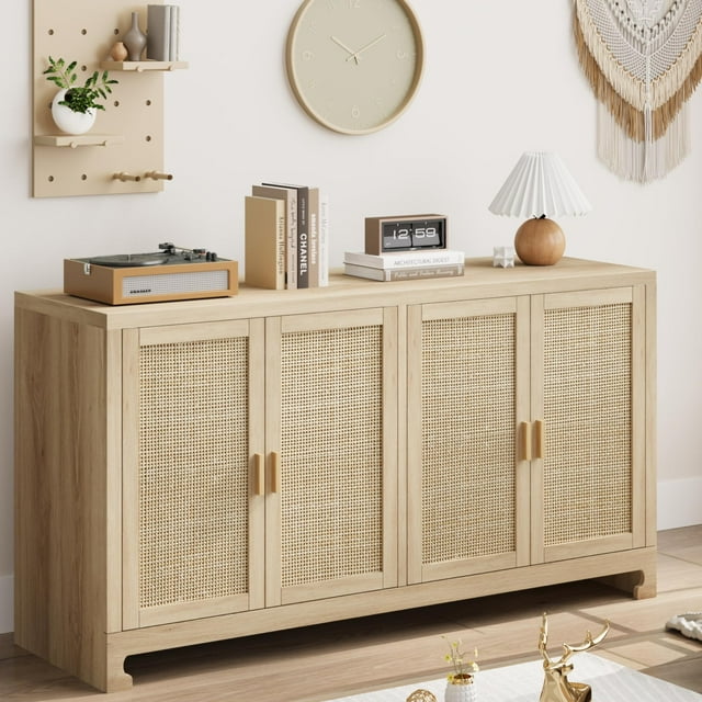 4 Door Sideboard Buffet Cabinet, Kitchen Storage Cabinet with Rattan Decorated Doors, Boho Accent Console Coffee for Dining Room, Kitchen, Living Room, Entryway