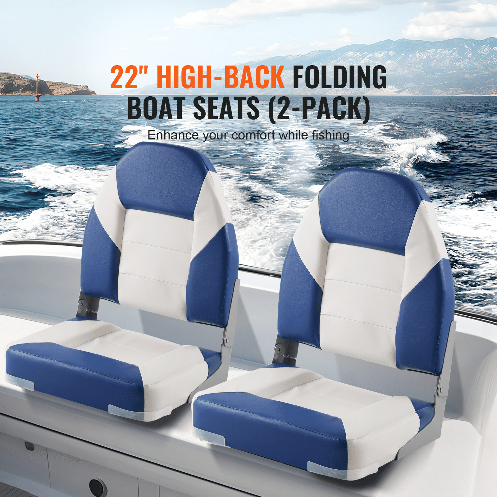 KFFKFF Marine Seats, 21.85" High-Back Folding Seats, Enhanced Sponge Cushion & Hinge Design, Foldable Captain Chairs for Fishing, Sightseeing, Speedboats & Canoes, Set of 2
