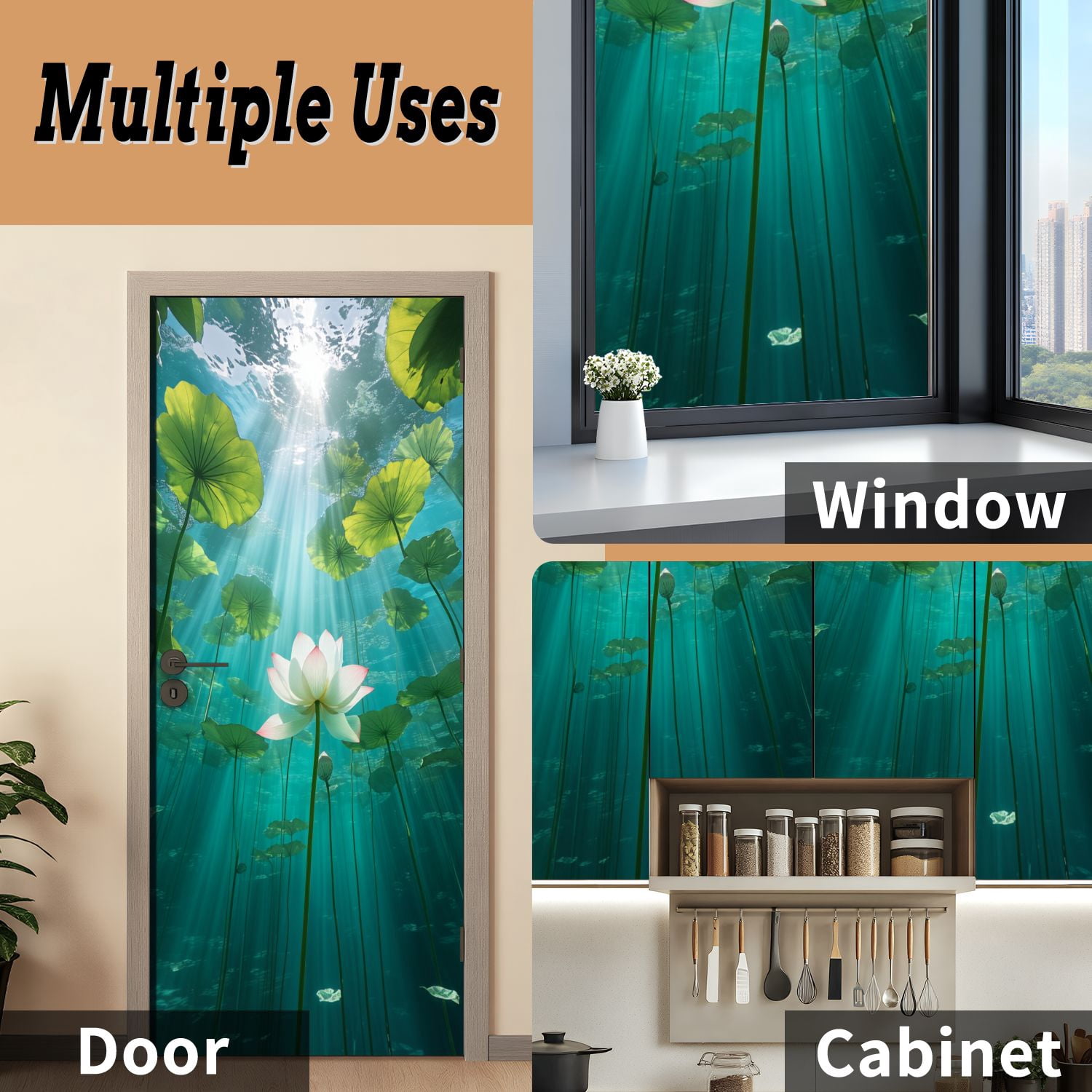 Self Adhesive Vinyl Refrigerator Wrap Set Zen Underwater Lotus Flower Sunlight Green Leaves Spiritual Door Mural Removable Fridge Sticker Peel and Stick&nbsp;Full Door Cover Decal Kitchen Bar Decor