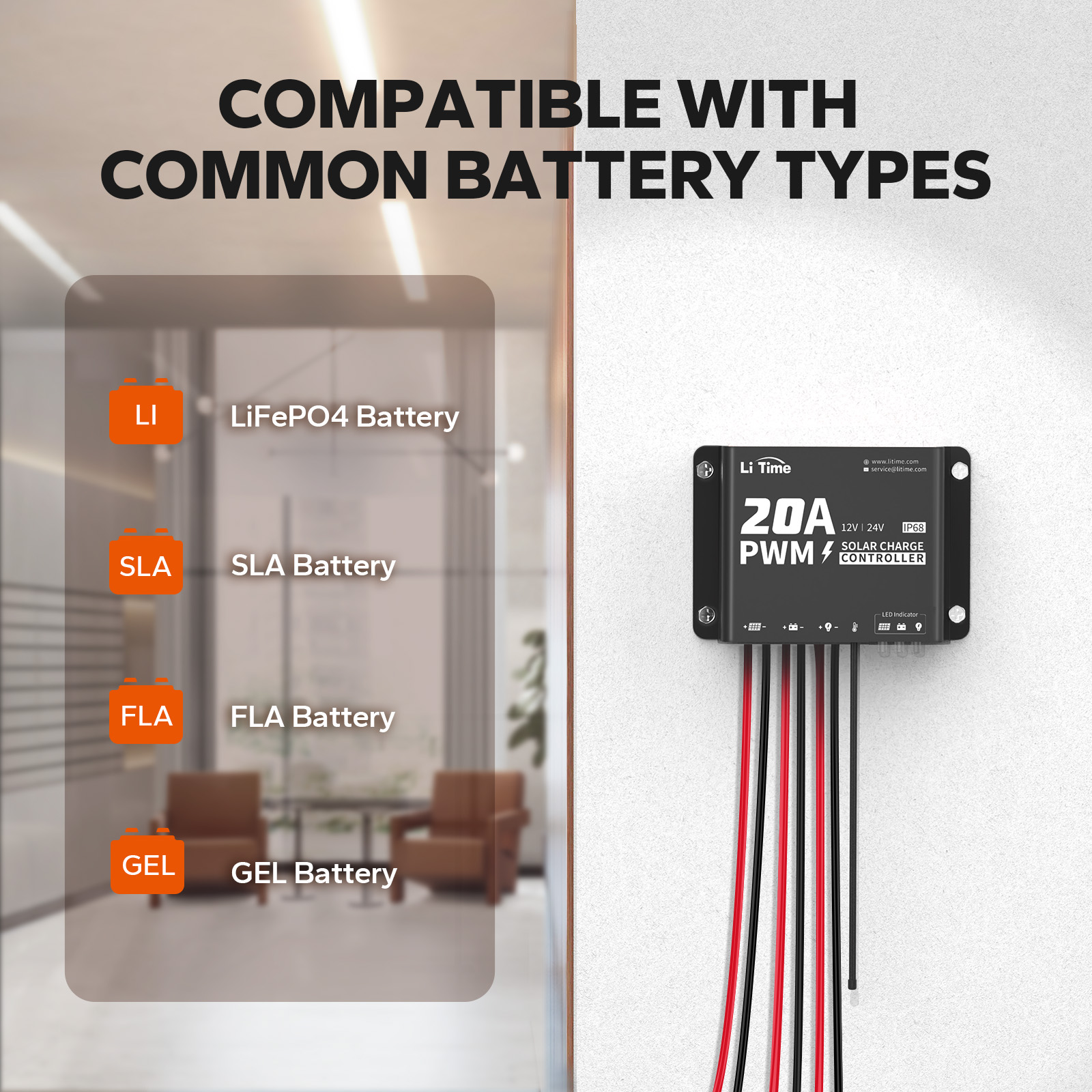 LiTime 12V/24V 20A PWM Controller, Solar Charging Controller with Bluetooth, IP68 Dust & Water Proof with Mounting Hole for LiFePO4 Lithium Battery ,SLA, FLA, Gel