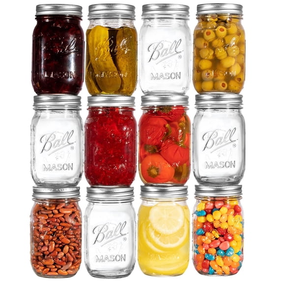 Ball Regular Mouth Mason Jars 16 oz. 12 Pack - Pint Size Jars with Airtight Lids and Bands for Canning, Fermenting, Pickling, Meal Prep or DIY Decors and Projects Bundled with Peaknip Jar Opener
