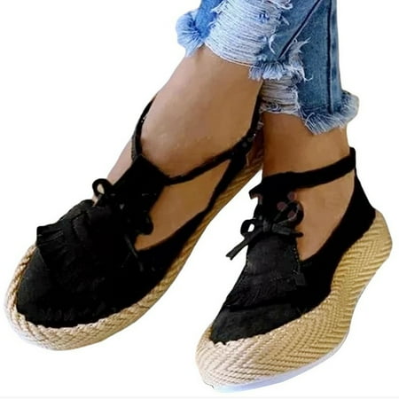 

huanledash Women Casual Anti-skid Round Closed Toe Platform Tassel Buckle Walking Shoes