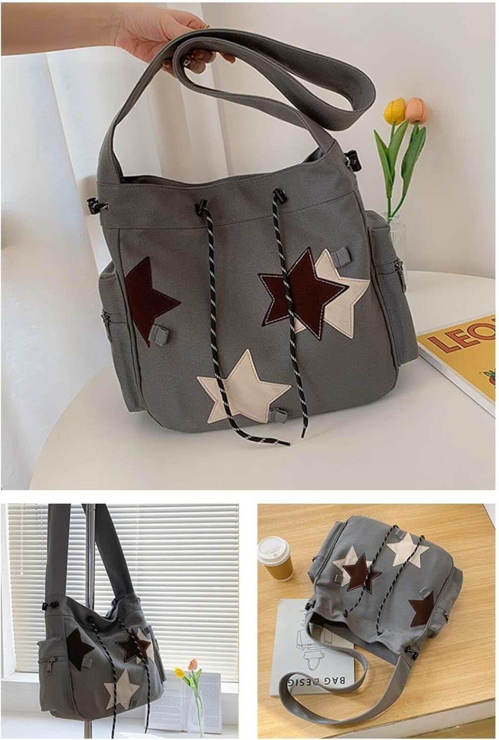 Y2K Star Canvas Messenger Bag, Cute Tote Bags Aesthetic, Small Shoulder Travel Crossbody Bags For Women