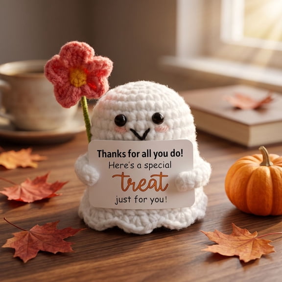 Knisume Halloween Toys – Knit Ghost Plush Doll Holding Bloom Flower, Crochet Yarn Stuffed Animal, Cute Stuff for Holiday Gift Exchange and Mantel Decor,A