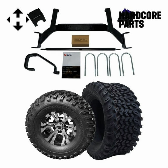 Hardcore Parts 6" Drop Axle Lift Kit for EZGO TXT/PDS (2001.5-2008) Gas Golf Cart with 10" Machined/Black 'Vampire' Wheels and 22"x11"-10" DOT rated All-Terrain tires