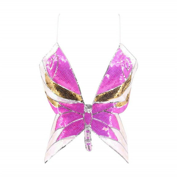 Womens Glitter Sequin Butterfly Crop Tank Top Rave Tube Vest Tops (F One Size)