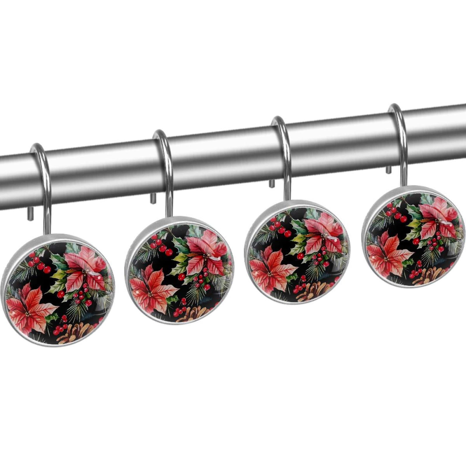 Christmas Poinsettia Flower Red Berry Shower Curtain Hooks Round Crystal Glass, Set of 12 Shower Curtain Rings - Shower Hooks for Curtain Shower Rings