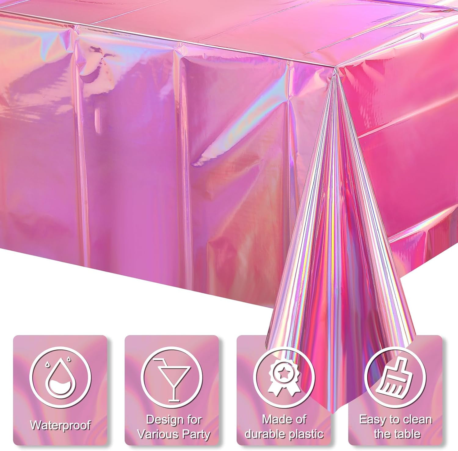 QIANJIA 4 Pack Iridescent Pink Plastic Tablecloths Shiny Disposable Laser Rectangle Table Covers,Holographic Foil Tablecloth Iridescent Party Decorations for Birthday Wedding Christmas, 54x108Inch