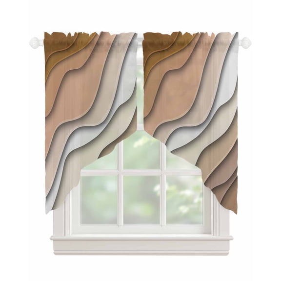 Brown Ombre Swag Valances for Windows, Modern Geometric Abstract Aesthetic Cream Rod Pocket Sheer Valances for Small Windows, Swag Toppers Light Filtering for Kitchen Living Room 2 Panels 28''x36''