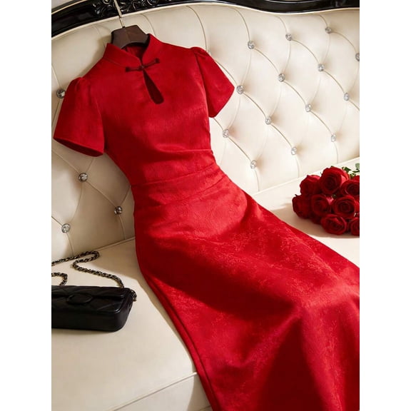 Elegant Fiery Red Jacquard Satin Qipao Dress, Short Sleeve Button Front