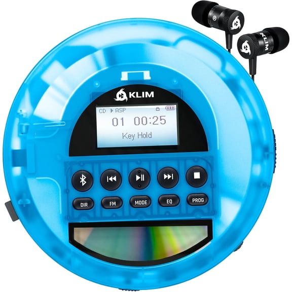Restored KLIM Nomad Portable CD Player Walkman with Long Lasting Battery, Headphones, FM Radio, Transparent Blue (Refurbished)