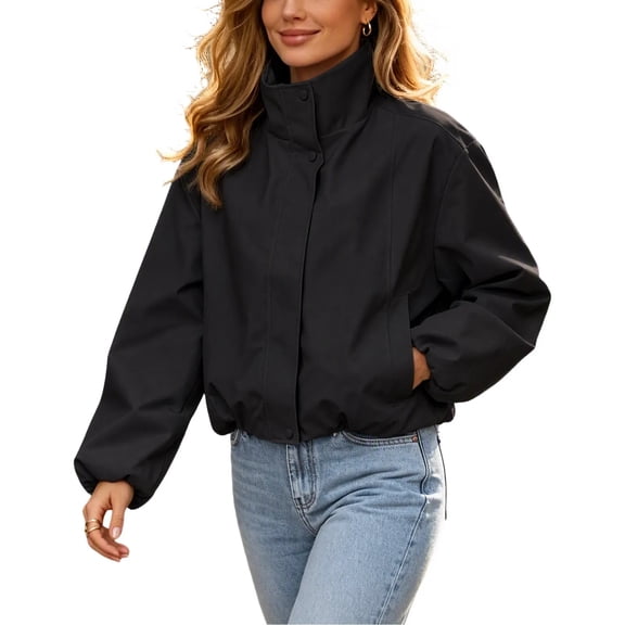 TEAJOPSUU Women's Cropped Zip Up Jacket Stand Collar Long Sleeve Outerwear Jackets with Pockets for Casual Streetwear Black