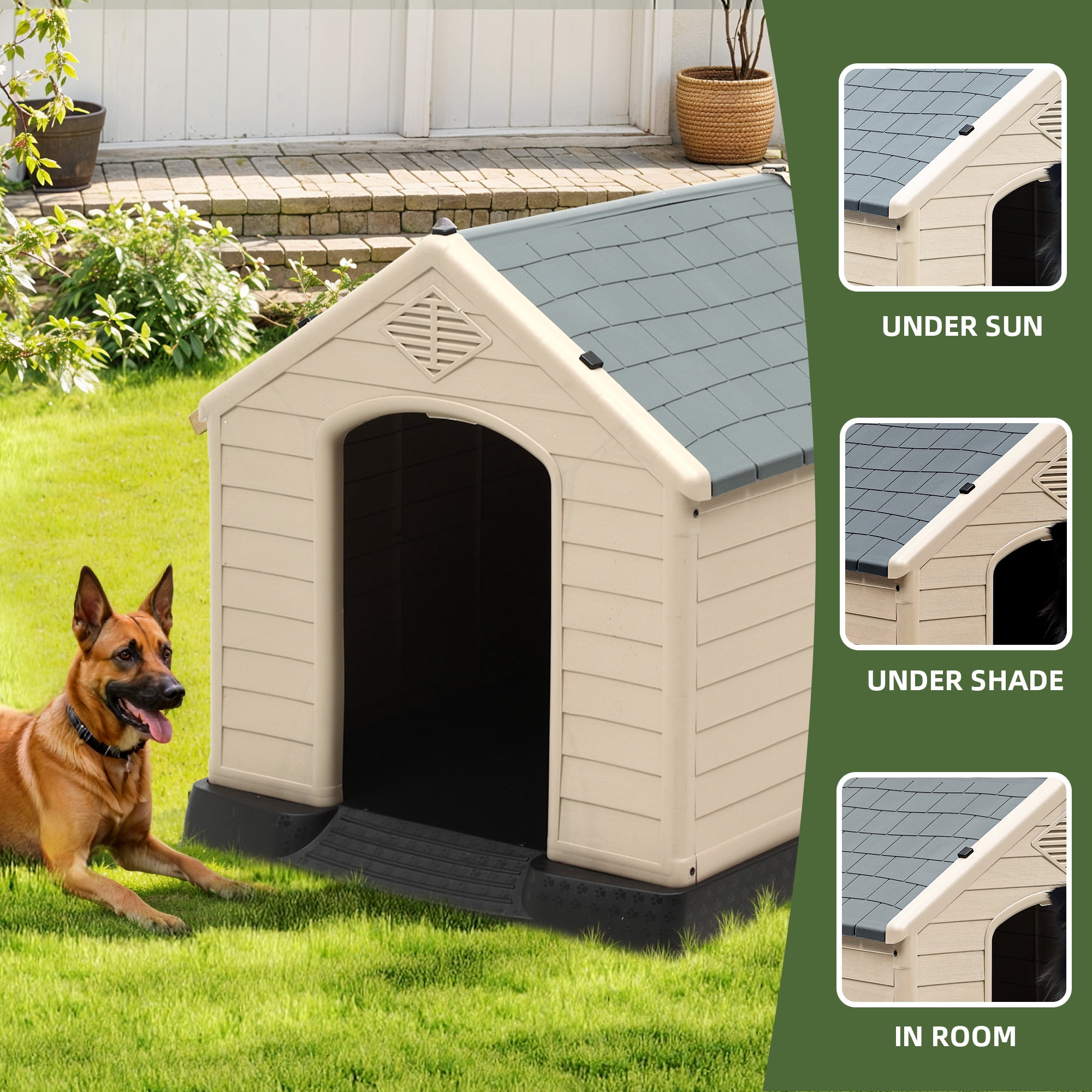 Uforic Large Waterproof Plastic Dog House with Air Vents and Elevated Floor, Outdoor Indoor Doghouse Puppy Shelter,Gray+Brown,41''Lx 38''Wx 39''H