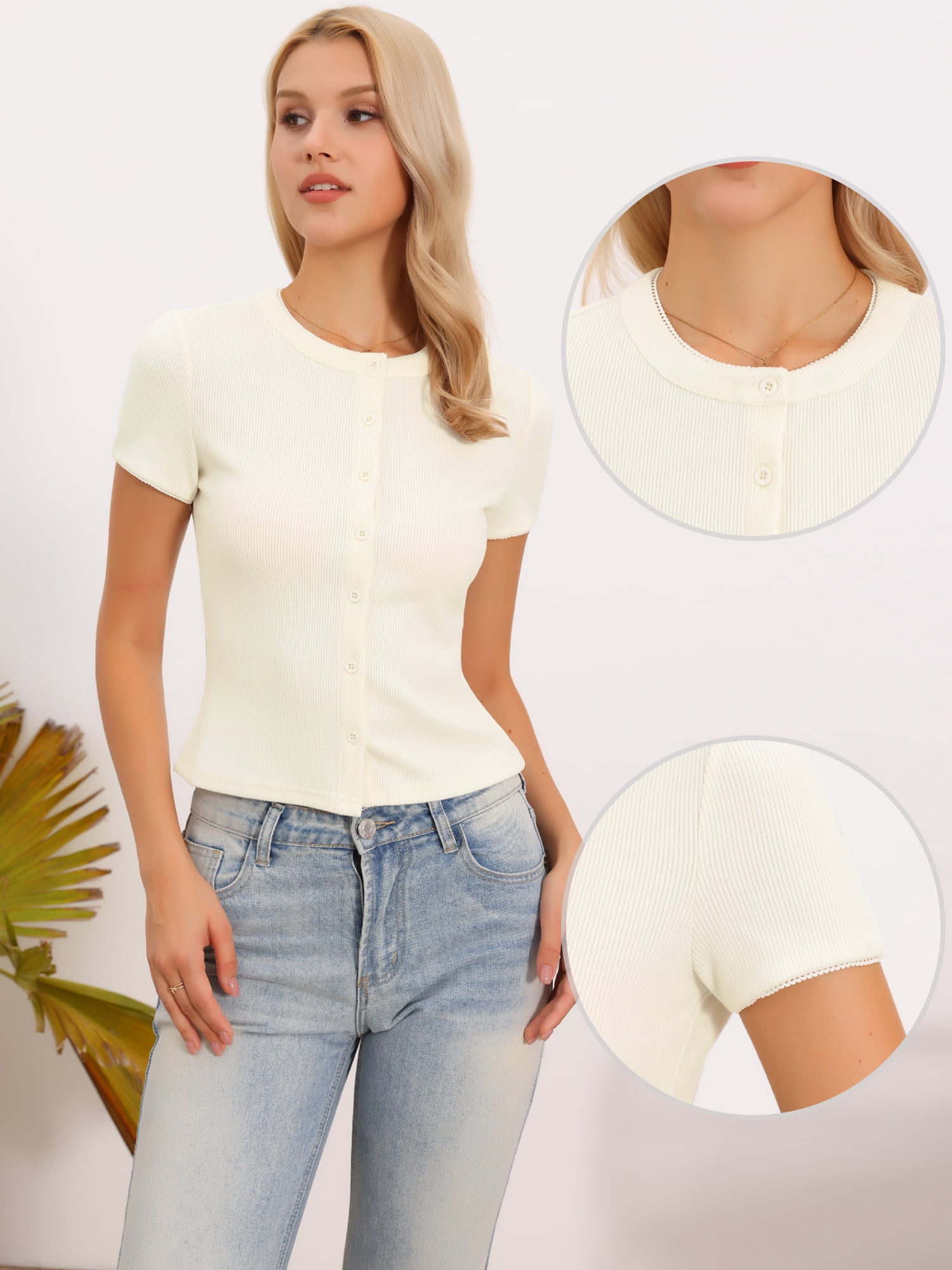 DARING DIVA Women's Short Sleeve Crew Neck Button Down Knitted Tshirts S White