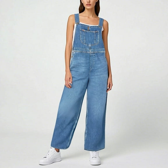Womens Classic Denim Jumpsuit Loose Fit Straight Leg Adjustable Strap Suspender Suit Casual Jeans Shear Jumpsuit Coverall Leg Straps Top Jumpsuit for Women Jean Jumpsuit for Women Body Suit Womens