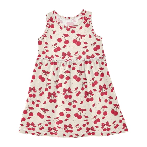 Girls Dress Red Bow Cherry Sleeveless Dress for Girls Hem A-Line Casual Sundress