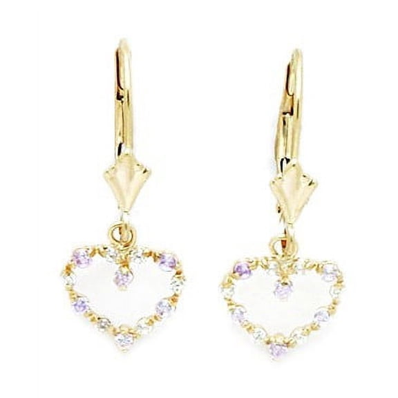 14k Yellow Gold June Lt-Purple CZ Heart Drop Leverback Earrings - Measures 25x10mm