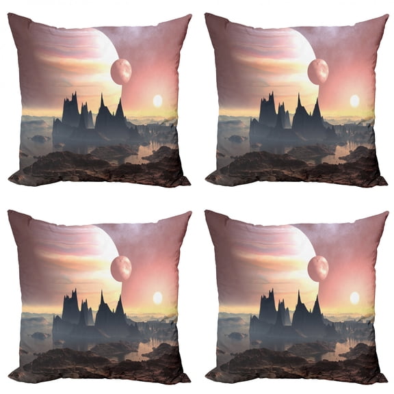Ambesonne Fantasy Throw Pillow Cover 4 Pack, Twin Moons over Planet, 18", Blush Yellow Dark Brown