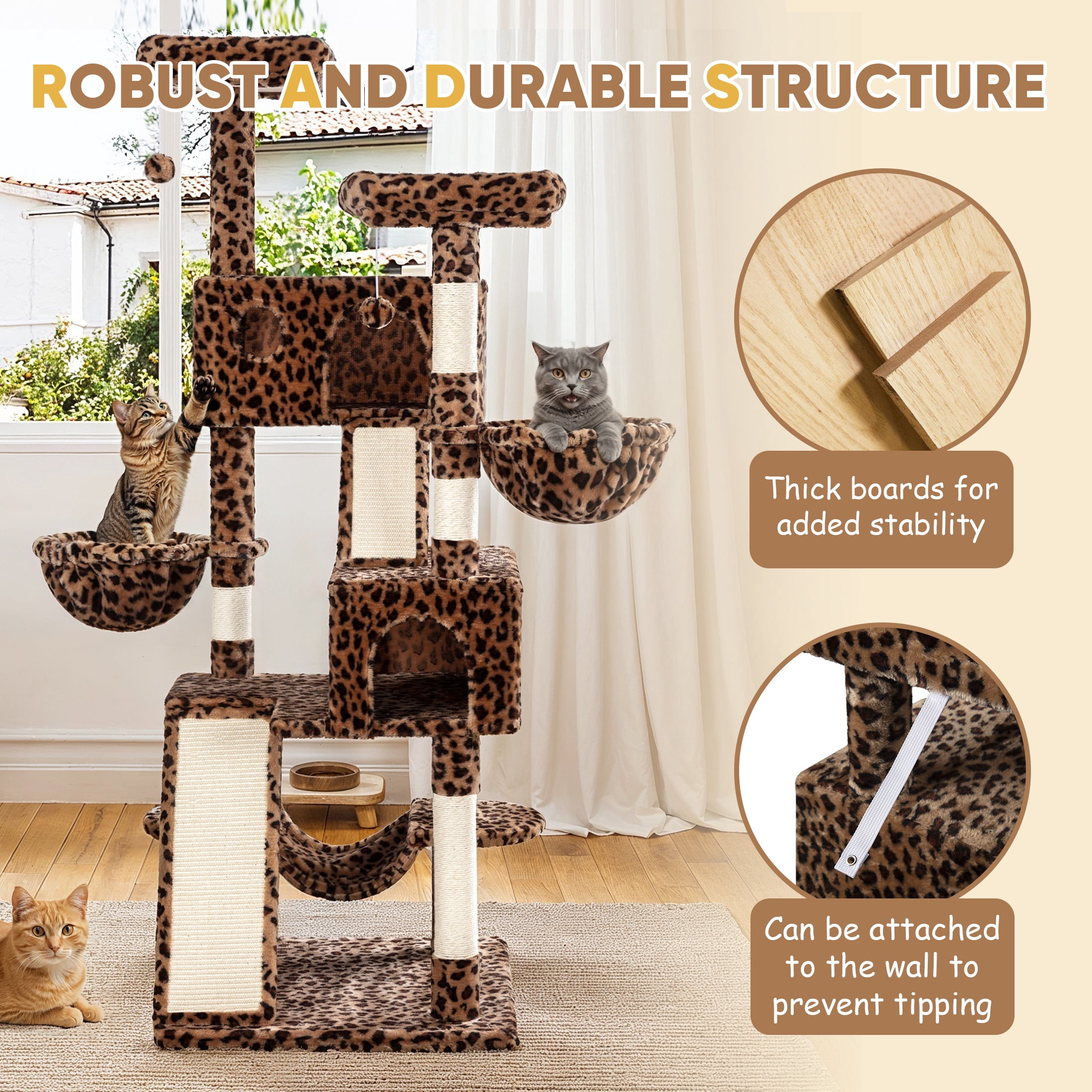 Einfach 65.7" Large Cat Tree and Tower for Cats, Condo House with Hammock, 2 Scratching Boards & 5 Scratching Posts, Leopard Print