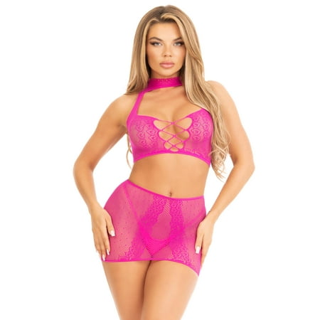 Leg Avenue Women's 2 PC Dotted net and lace halter crop top with mini skirt, Magenta, One Size