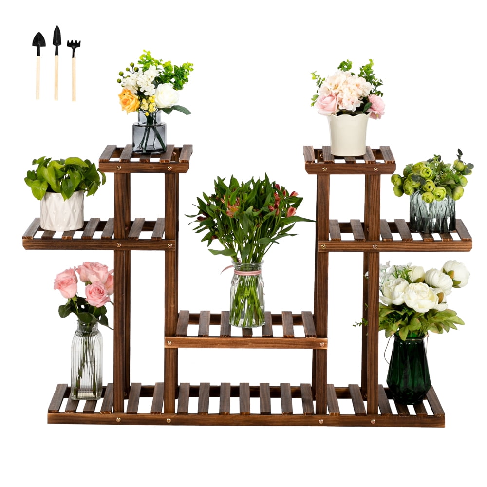 ARTISASSET Artisasset 4 Tiers Plant Stand For Indoor Outdoor, 12 Seats Carbonized Wood Plant