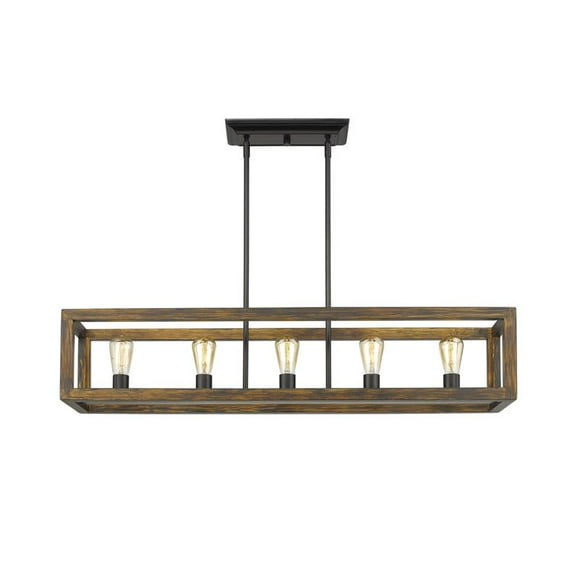 Sutton 5 Light Linear Pendant in Black with Wood Cage