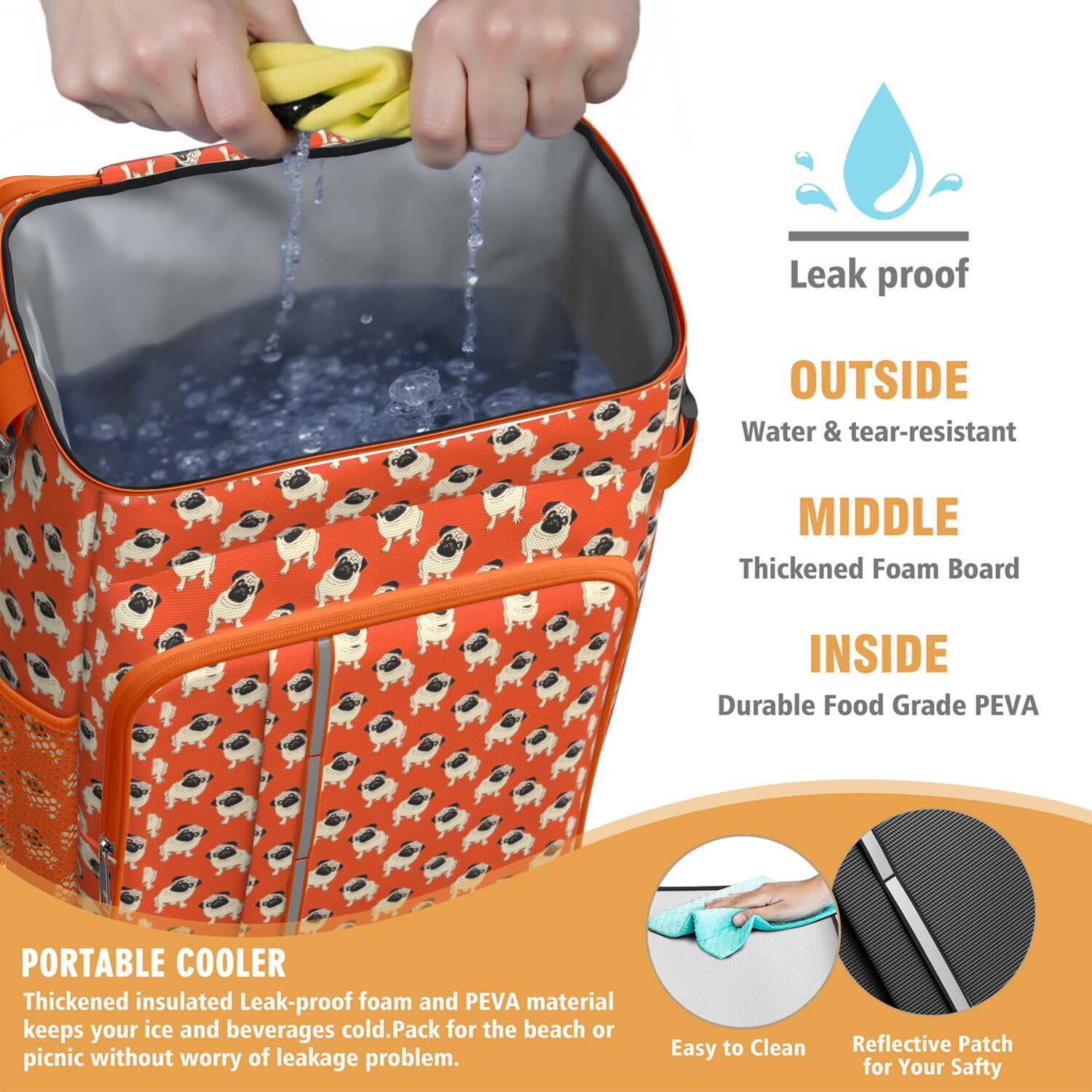 Travel Cooler Bag - Pug Dog Camping Beer Cooler Backpack with Bottle Opener- Waterproof Insulated Picnic Backpacks - Cooler Bag for Beach