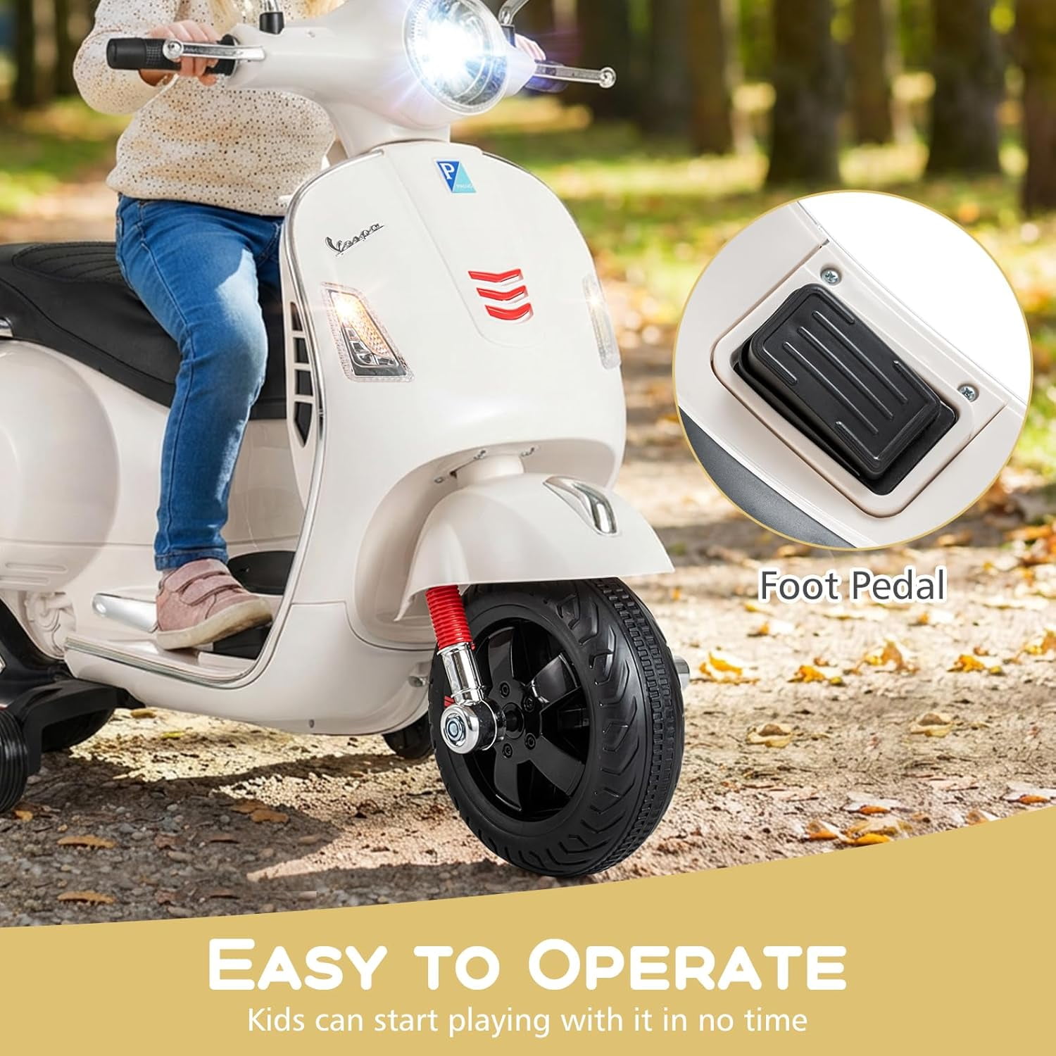 Licensed Vespa 12V Kids Motorcycle by OLAKIDS with Training Wheels, Music, Story, Horn, Lights for 3-6 Years