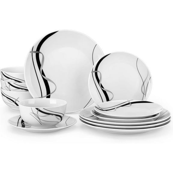 Porcelain Dinnerware Sets for 4, 12 Pieces Plates and Bowls Set with Black and Grey Ribbon Lines, Dishes Set Dining Ware for Dinner, Microwave and Dishwasher Safe, Series FIONA