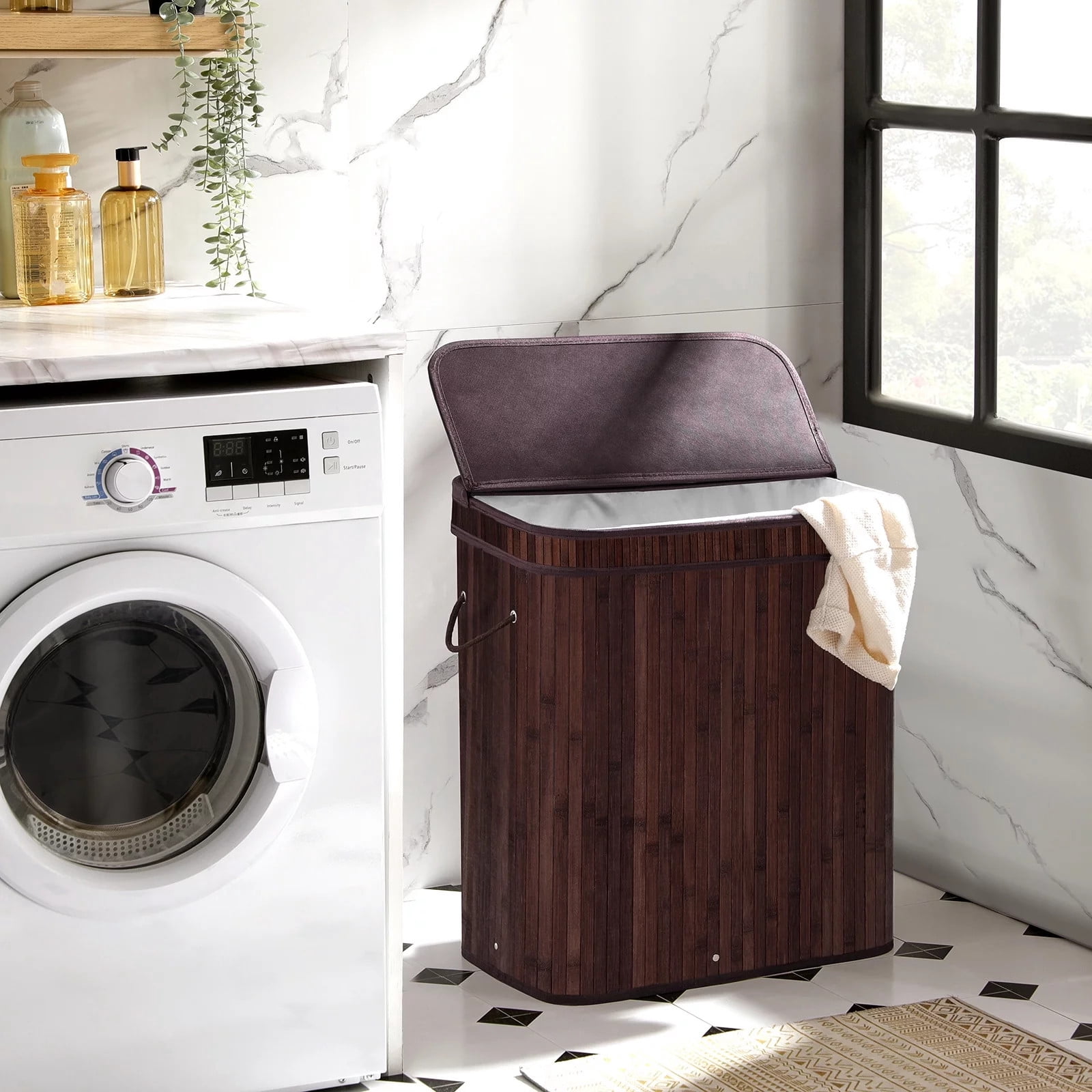 TEAFIRST 100L Large Bamboo Laundry Hamper, Clothes Storage Organiser Bag, Basket with Lid, Brown