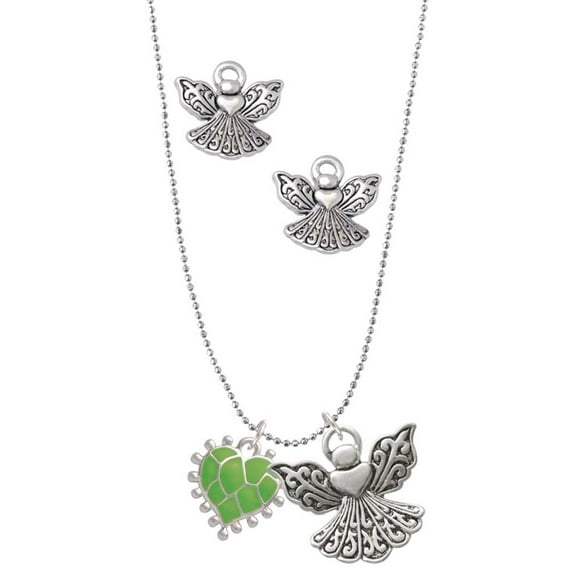 Delight Jewelry Silvertone Lime Green Giraffe Print Heart Silver tone Guardian Angel Charm Necklace and Stud Earrings