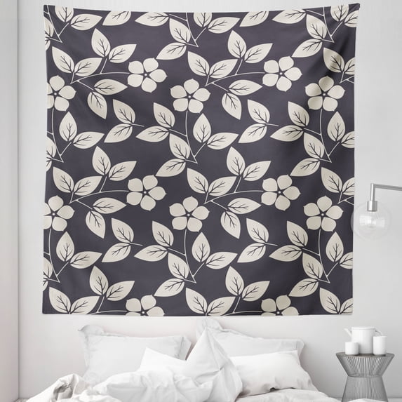 Ivory Spanish Tapestry, Falling Blossom Foliage Retro Floral Repeated Pattern, Fabric Wall Hanging Decor for Bedroom Living Room Dorm, 5 Sizes, Dark Purple Grey and Eggshell, by Ambesonne